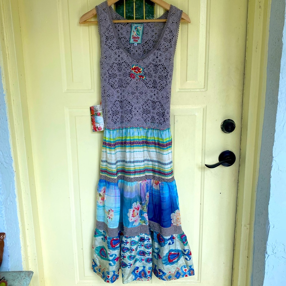 NWT Johnny Was Blue Grey Crochet Silk Boho Dress Size M